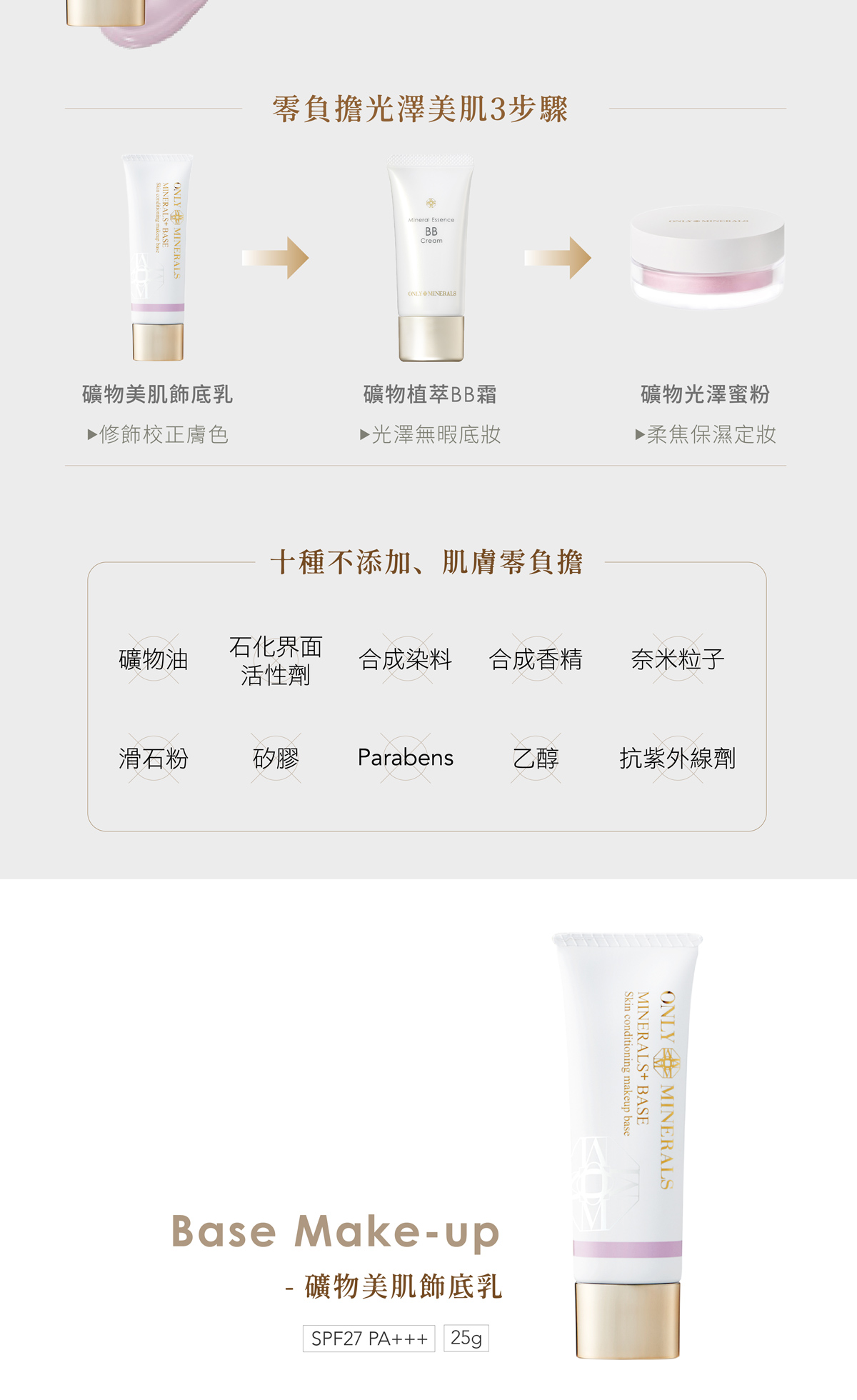 MINERALSBASEconditioning makeup ONLY MINERALS零負擔光澤美肌3步驟Mineral EssenceBBCreamONLY MINERALS礦物美肌飾底乳礦物植萃BB霜礦物光澤蜜粉修飾校正膚色▶光澤無暇底妝▶柔焦保濕定妝十種不添加、肌膚零負擔礦物油石化界面活性劑合成染料 合成香精奈米粒子滑石粉矽膠Parabens乙醇抗紫外線劑Base Make-up- 礦物美肌飾底乳SPF27 PA+++ 25gSkin conditioning makeup baseMINERALS+ BASEONLY MINERALS