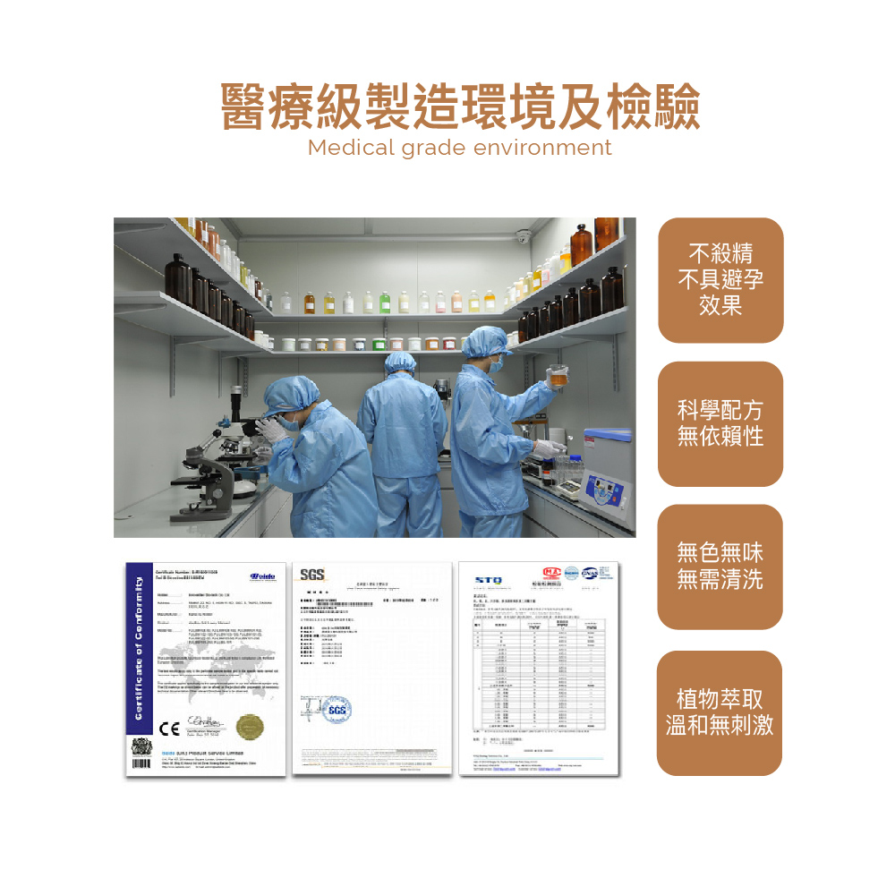 of Conformity醫療級製造環境及檢驗Medical grade environment不殺精不具避孕效果科學配方無依賴性無色無味STO無需清洗SGS植物萃取溫和無刺激